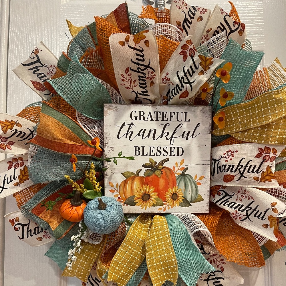 SOLD! Fall Wreath, Welcome  “Grateful, Thankful, Blessed” Thanksgiving Wreath